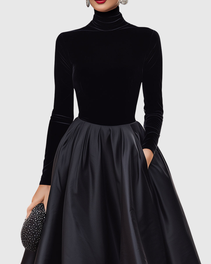 Aradia | Elegant Black Velvet & Satin Midi Dress