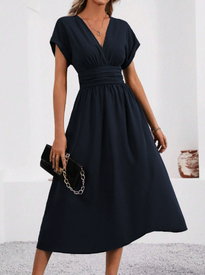 Lucyndra | V Neck Pleated Waist Midi Dress