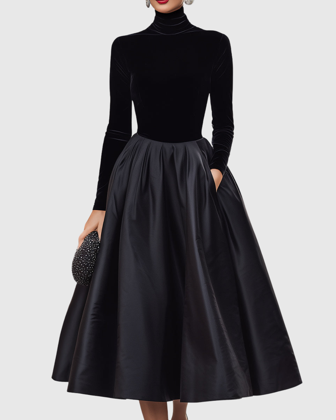 Aradia | Elegant Black Velvet & Satin Midi Dress