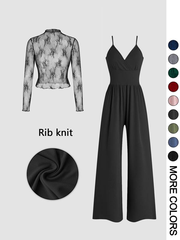 Maryam | Solid Color Lace Tee & Pocket Jumpsuit Set