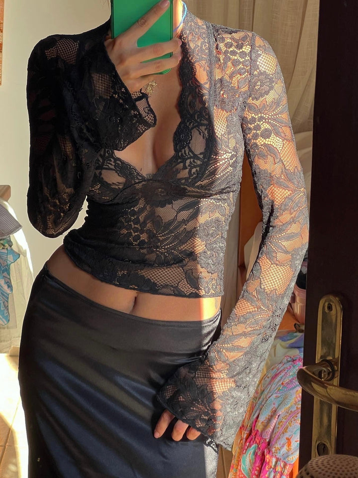 Nyra | Black Lace V-Neck Mesh Top