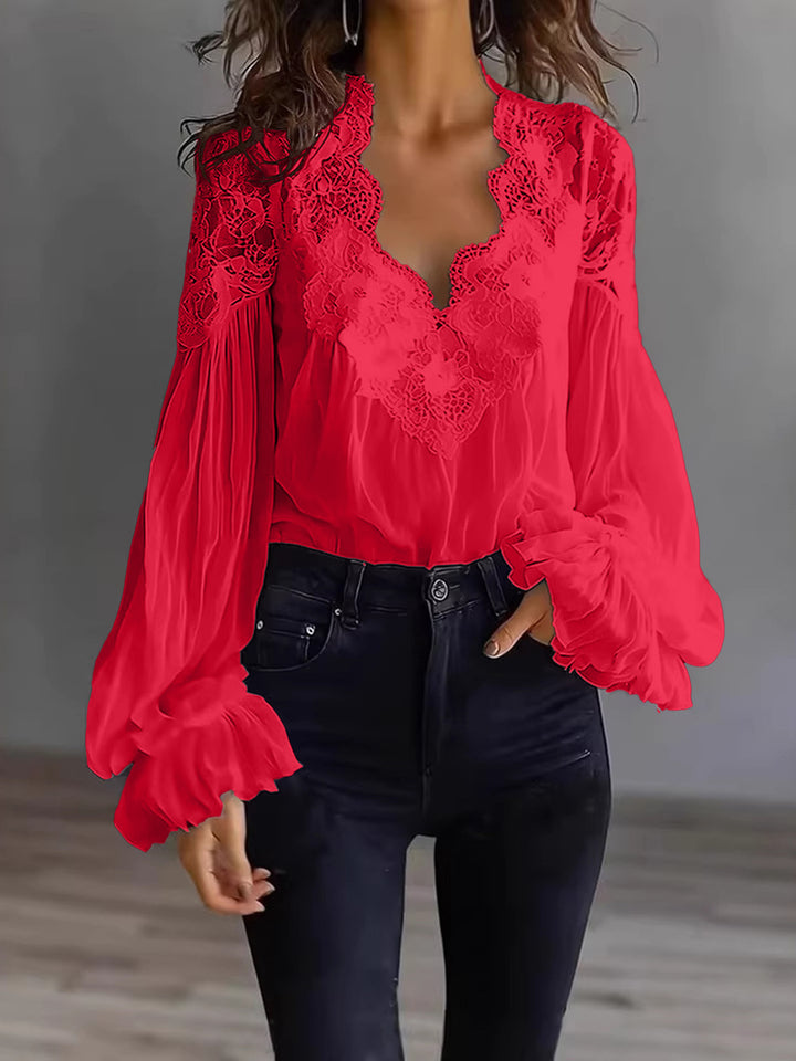 Grace | Floral Lace Scallop Neck Lantern Sleeve Blouse