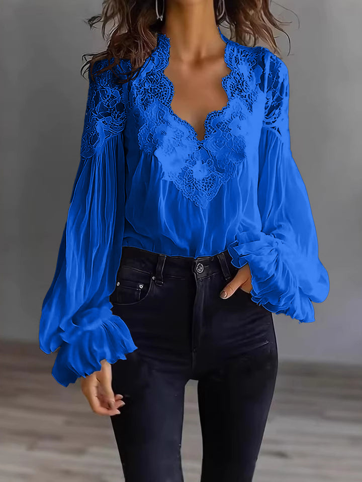 Grace | Floral Lace Scallop Neck Lantern Sleeve Blouse