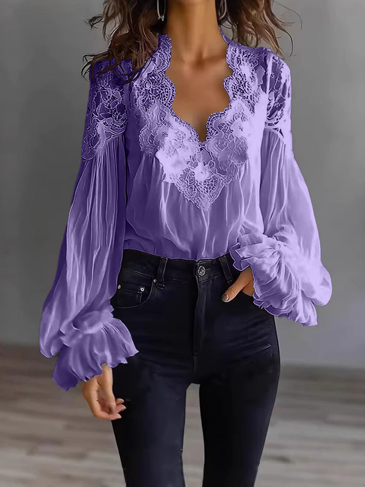 Grace | Floral Lace Scallop Neck Lantern Sleeve Blouse