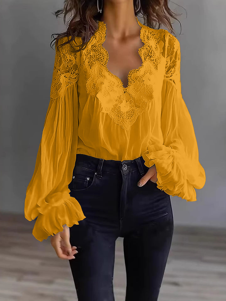 Grace | Floral Lace Scallop Neck Lantern Sleeve Blouse