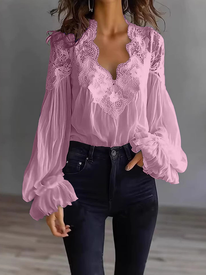 Grace | Floral Lace Scallop Neck Lantern Sleeve Blouse