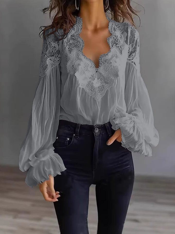 Grace | Floral Lace Scallop Neck Lantern Sleeve Blouse