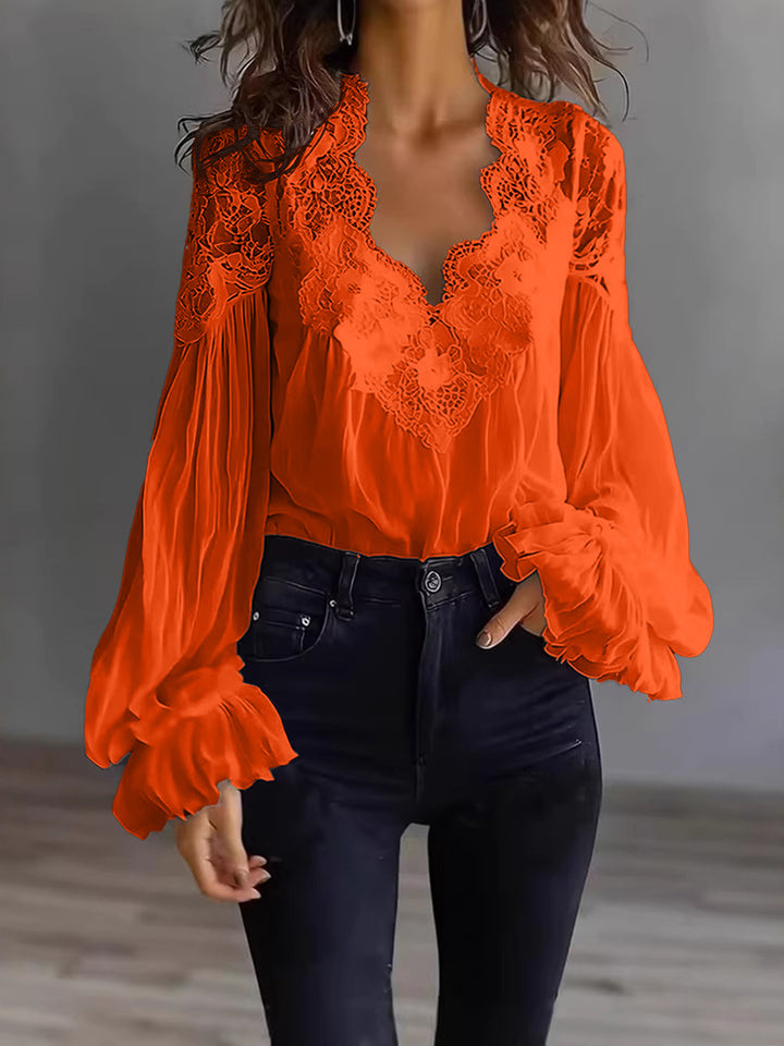 Grace | Floral Lace Scallop Neck Lantern Sleeve Blouse