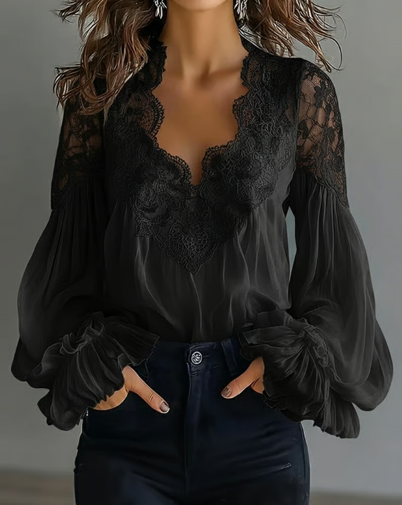 Grace | Floral Lace Scallop Neck Lantern Sleeve Blouse