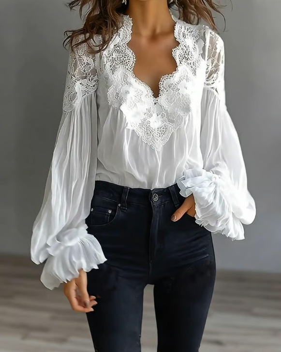 Grace | Floral Lace Scallop Neck Lantern Sleeve Blouse