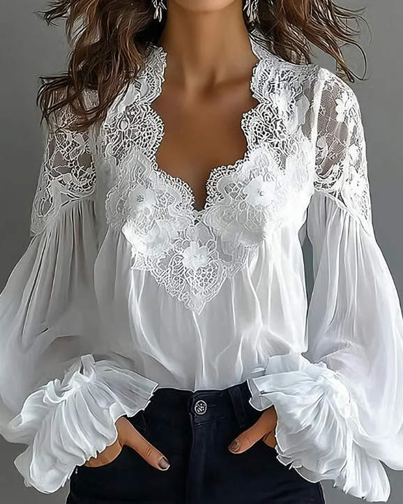 Grace | Floral Lace Scallop Neck Lantern Sleeve Blouse