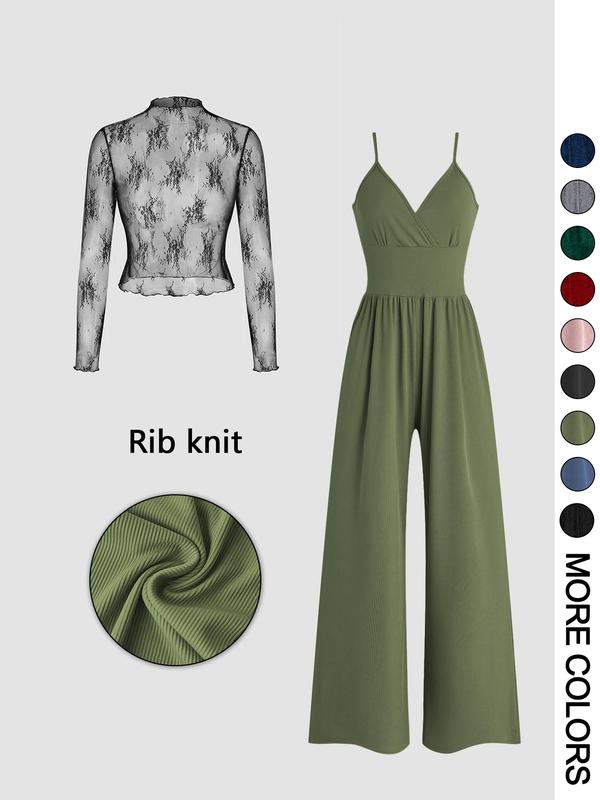Maryam | Solid Color Lace Tee & Pocket Jumpsuit Set