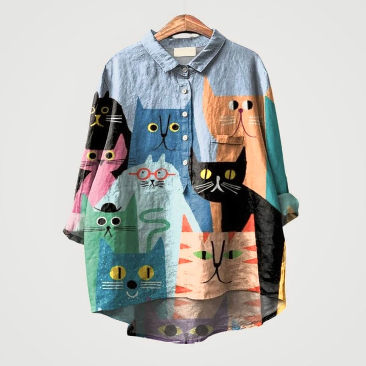 Ivy | Oversized Blouse Featuring Colorful Cats