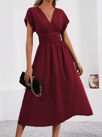 Lucyndra | V Neck Pleated Waist Midi Dress
